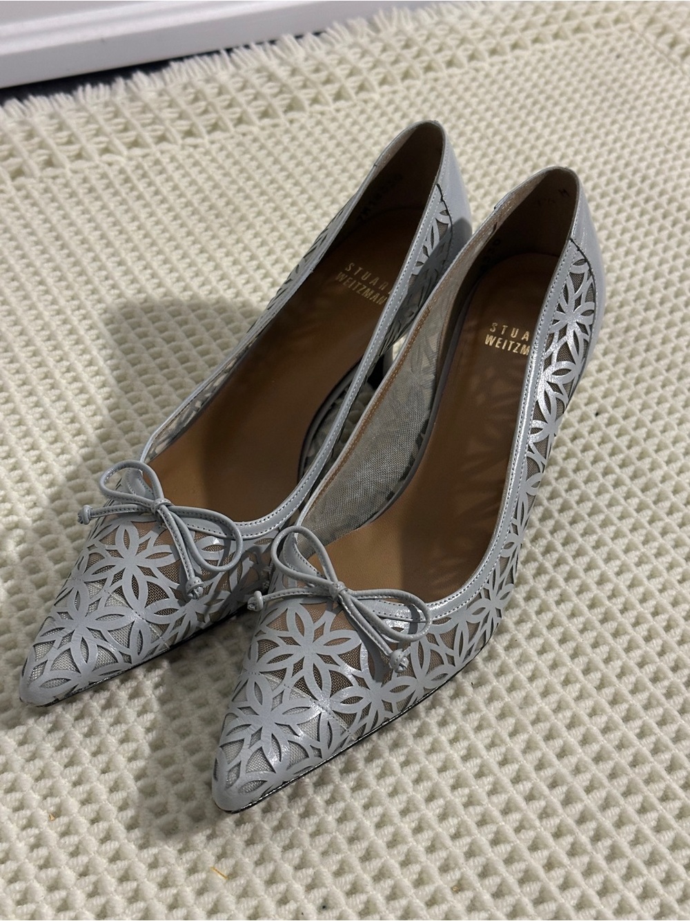 Stuart Weitzman Blue-Grey Mesh Bow Kitten Heels